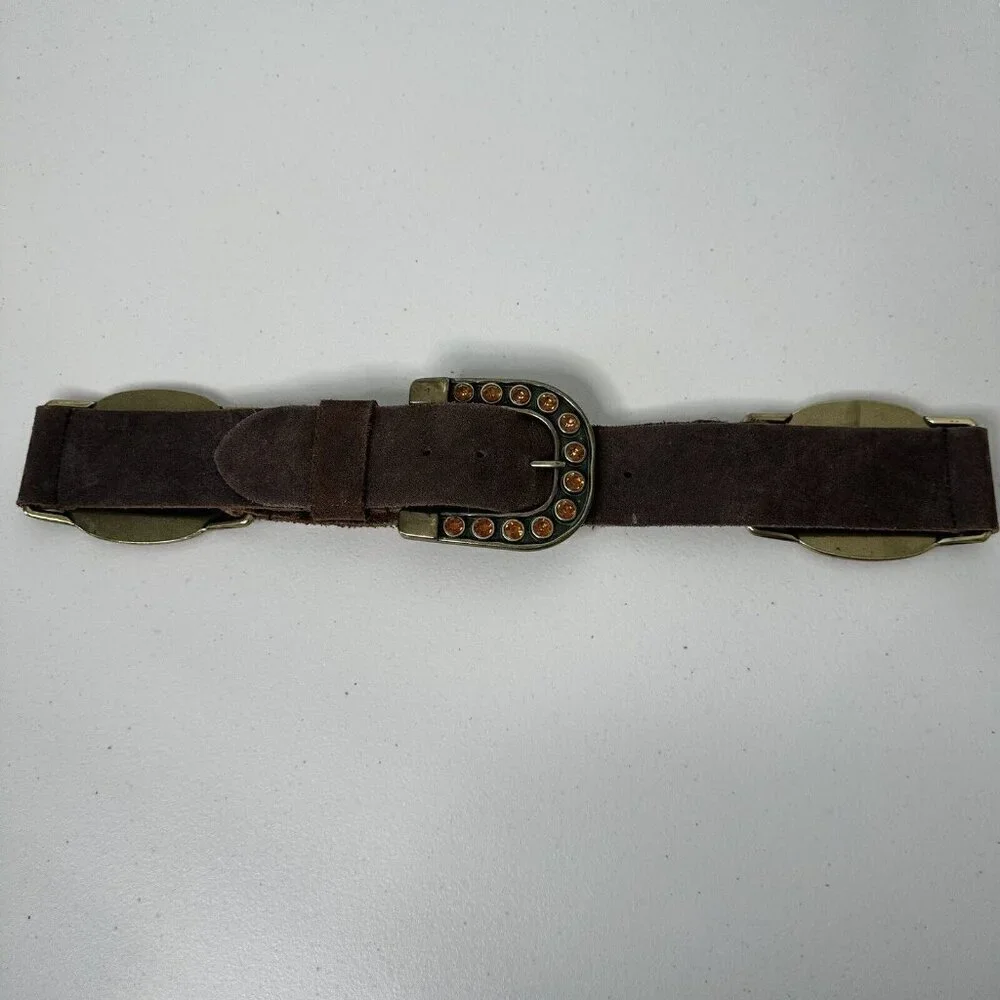 Steve Madden Belt Brown Suede Leather Brass Buckle‎ Rhinestone Size M